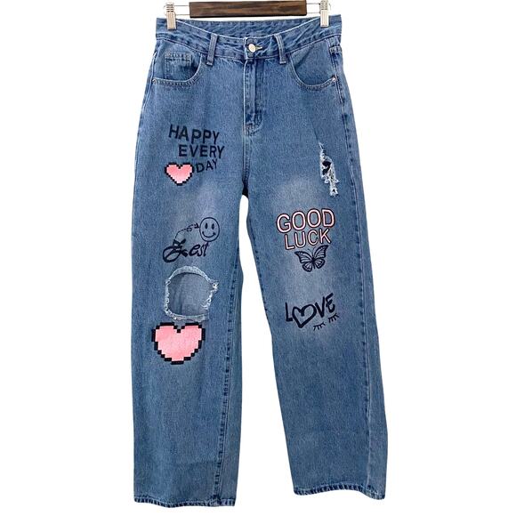no brand tag Denim - Y2K Coquette Graffiti Jeans Heart Butterfly Distressed Denim Size M Wide Leg